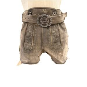 Vintage Echtes Leder Shorts Womens Size 34 Gray Polyester Embroidered Belted